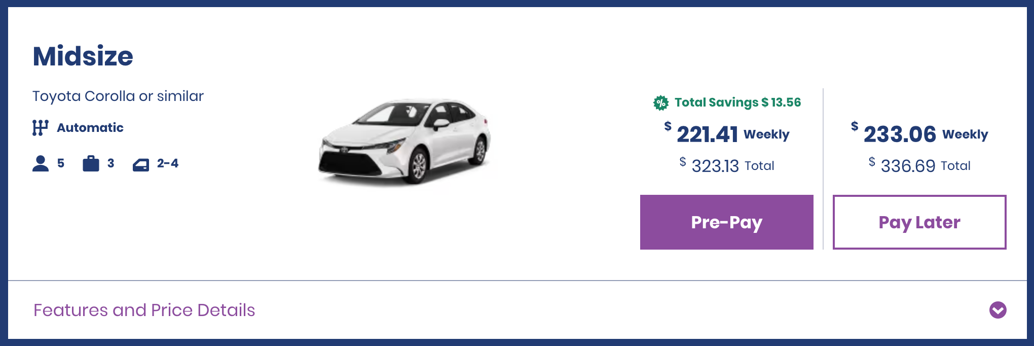 Screenshot of Alamo car rental cost